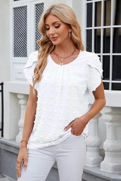 Swiss Dot Round Neck Short Sleeve T-Shirt White Women's T-Shirts - Tophatter Daily Deals